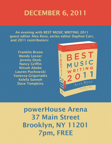 flyer for the December 6th Best Music Writing reading