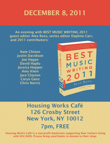 Flyer for the December 8 Best Music Writing reading